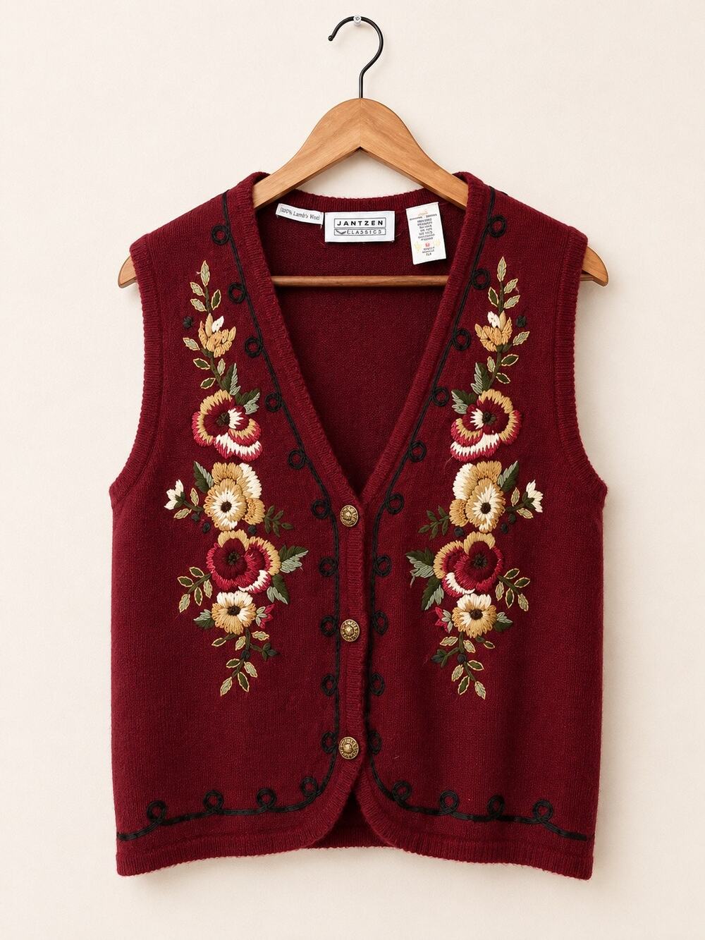 VTG Jantzen Classics Hand Embroidered Burgundy Knit Vest Womens Sz S Grannycore